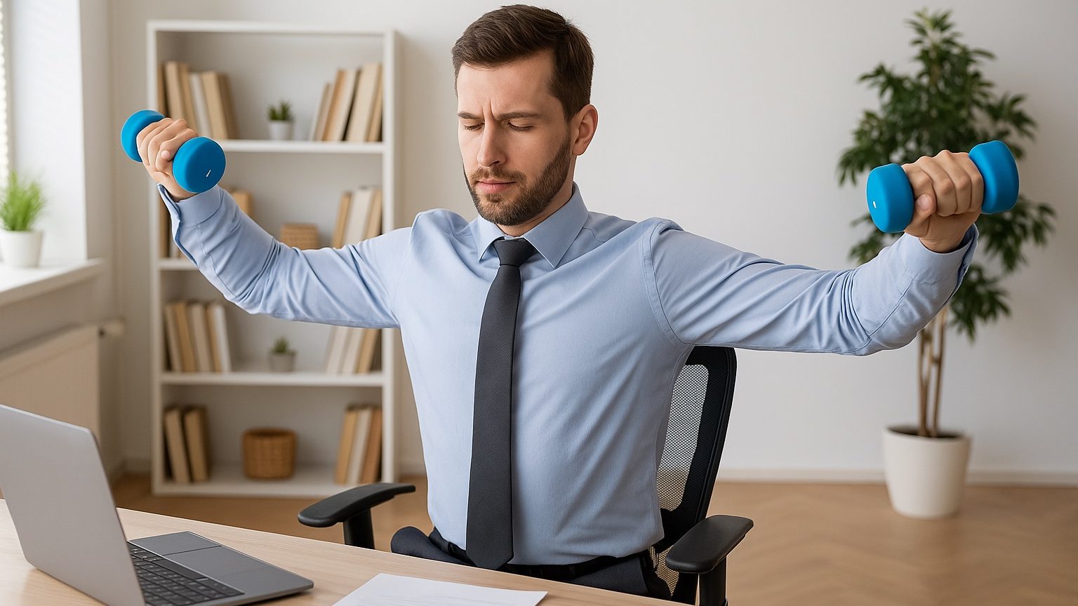 Hombre bebiendo agua en su puesto de trabajo durante una pausa activa en la oficina